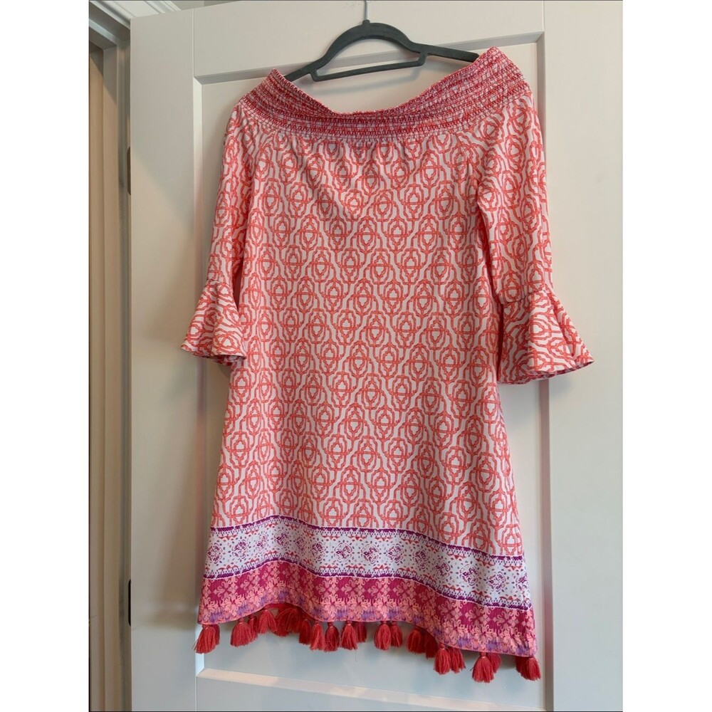 Cabana Life Coral and White Smocked Off-Shoulder Dress